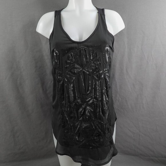 Womens Tank Top Small Oversize Black Sequin Glam Statement Indie Flowy Sheer NEW - Picture 1 of 13